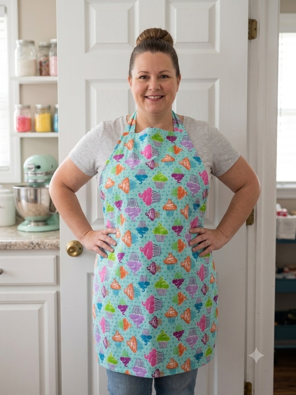 2019 - Cupcake Print Kitchen Apron - Aqua with Multi-Color Cupcakes
